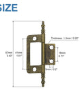 Premium Bronze Iron Butt Hinges Non Mortise Cabinet Door Hardware, 87mm x 41mm, thickness 0.05in, detailed measurement image.