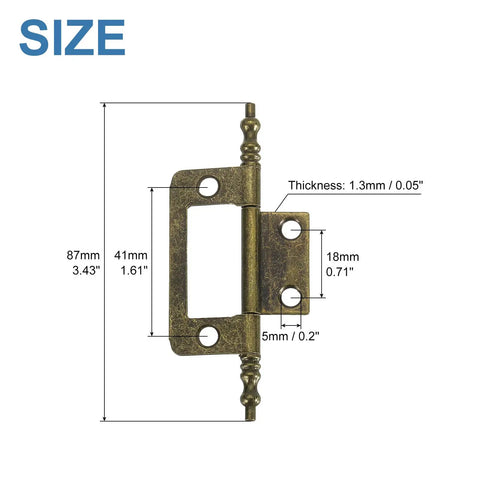 Premium Bronze Iron Butt Hinges Non Mortise Cabinet Door Hardware, 87mm x 41mm, thickness 0.05in, detailed measurement image.