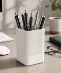 White Ribbed Pen Holder For Desk Square Pencil Cup Desk Organizer With Modern Fluted Look Minimalist Office Supplies For Pens