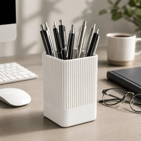 White Ribbed Pen Holder For Desk Square Pencil Cup Desk Organizer With Modern Fluted Look Minimalist Office Supplies For Pens