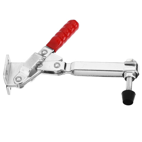 Vertical Long Arm Toggle Clamp With Quick Release Lever Slick Crimping And Welding Fixture For Workshop Projects Boss Level Heavy Duty Workhorse Tooling Jig - side view with red handle