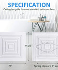 Replacement Grille Cover For Bathroom Exhaust Fan Square Ceiling Or Wall Mount Fits 97011723 663 670 671 675 688 689 Vent Fans White Plastic Grille Easy Install shown with size and spring clips specifications diagram