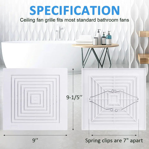 Replacement Grille Cover For Bathroom Exhaust Fan Square Ceiling Or Wall Mount Fits 97011723 663 670 671 675 688 689 Vent Fans White Plastic Grille Easy Install shown with size and spring clips specifications diagram