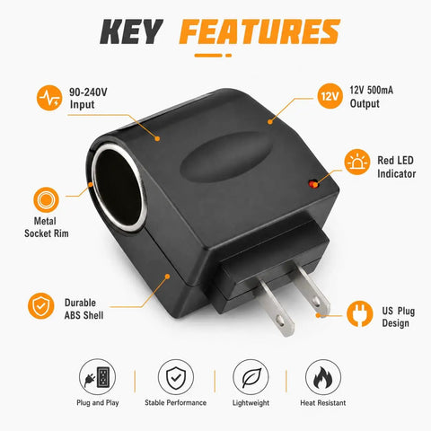 Pretty Slick AC To DC Car Adapter Turns Home Outlet Into 12V Cigarette Lighter Jack With Glowing LED Beacon Compact Portable Power Supply Fits Glove Box features durable ABS shell and red LED indicator.