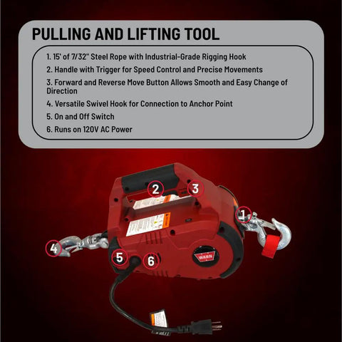 Heavy-Duty 120V AC Electric Winch With 1000 Lb Capacity For Vehicle Recovery, No-Load Line Speed Of 13.8 Fpm, Built Tough For Real-World Rugged Jobs, Easy To Use And Durable Winch That Replaces Outdated Come-Alongs, red electric winch with 15 ft steel rope and hook