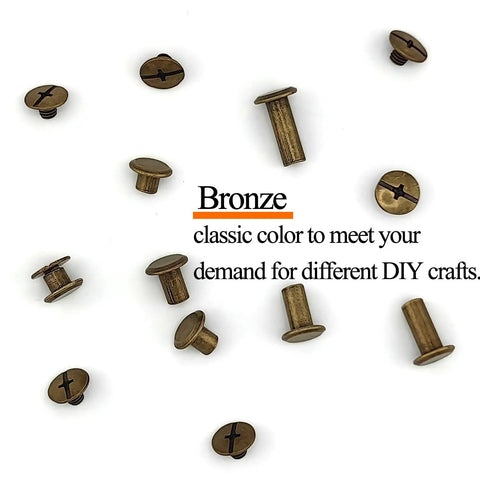Hardened Bronze Chicago Binding Screw Pack Loaded For Leather Work And Notebook Crafting With Clean Flat Heads And Reliable Threads For Your Everyday Maker Grind, assorted sizes on a white background.