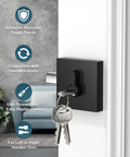 Heavy-Duty Matte Black Door Lever Set Reversible Square Handles for Bedroom and Bathroom Keyed Entry with keys inserted.