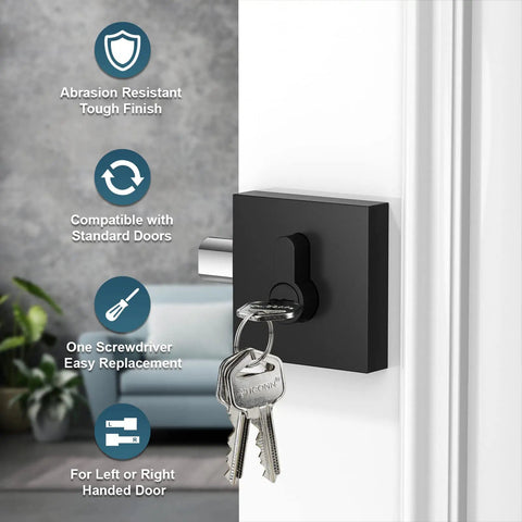 Heavy-Duty Matte Black Door Lever Set Reversible Square Handles for Bedroom and Bathroom Keyed Entry with keys inserted.
