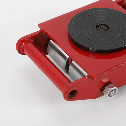 Built Different Heavy Duty Machinery Mover 13200 Lb Capacity Dolly Skateboard With 6 Ton Steel Wheels 360 Swivel Spin close-up of red dolly wheel.