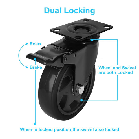 Close-up of 5 Inch Heavy Duty Caster Wheel with dual locking brake, steel frame, and top plate.