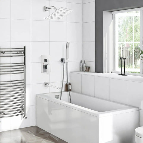 3-Function Wall Mount Shower System With Mixer, 8 Inch Rain Shower Head, Handheld Spray, Tub Spout in modern bathroom setting