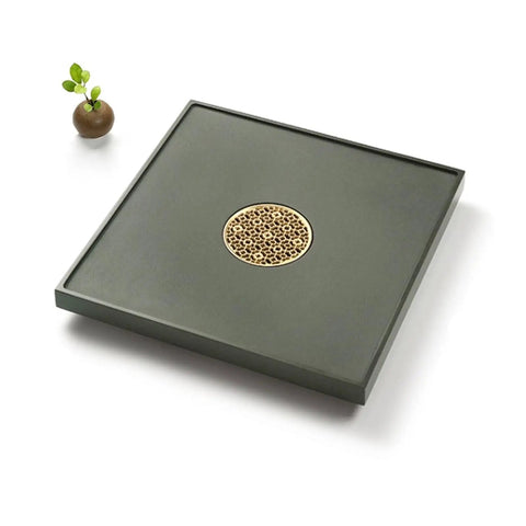 Top Shelf Green Slate Tea Tray With Integrated Drainage For Snazzy Kung Fu Ceremonies And Cool Home Office Vibes Stylish Square Serving Board in dark green with decorative draining hole.