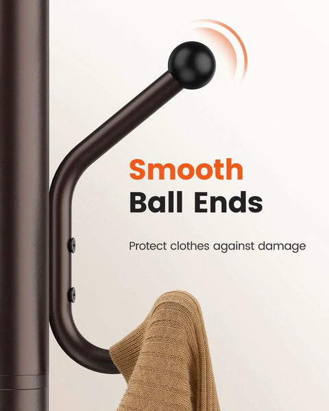 Close-up of hook with smooth ball end on 14 Hook Freestanding Coat Rack Stand For Entryway Hallway Bedroom And Office Metal Coat Tree Hat Rack