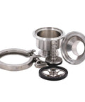 Front view of a sanitary 1.5-inch tri-clamp check valve in stainless steel 304 with FKM gasket and fittings.