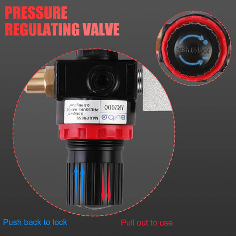 Front view of JIFETOR cylinder leak-down tester kit with dual pressure gauges, black body, red collar and brass fittings