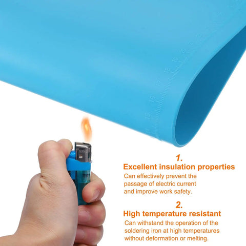 Rock Solid Silicone Magnetic Soldering Mat For Electronics Repair Heat Resistant Non Slip Anti Scald Blue Wrist Rest Pad 17 By 11 8 Inches showing heat resistance test with flame near mat.