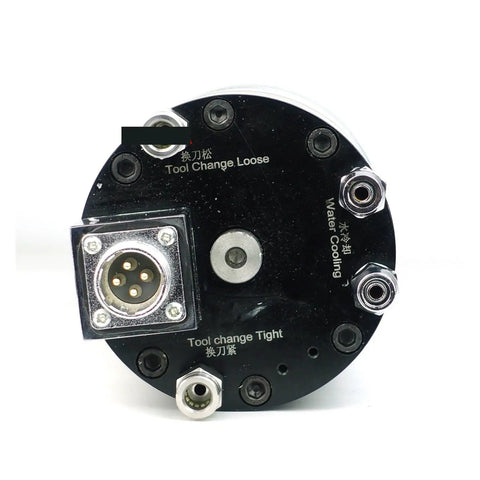 Rock Solid 3500W BT30 CNC Router Spindle Motor rear view detailing tool change and water cooling connections.