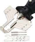 Chainsaw Sharpening Attachment Kit for Rotary Tools shown with drill head, ruler, and polishing items, pro grade sharpener set for DIY gardeners.