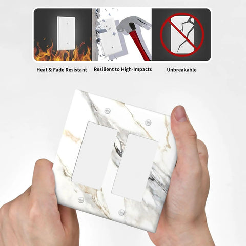 Modern Abstract Wall Switch Covers With Hella Sleek Gray And Gold Marble Finish On Super Solid Plastic 2 Gang Double Rocker Faceplates held in hand.