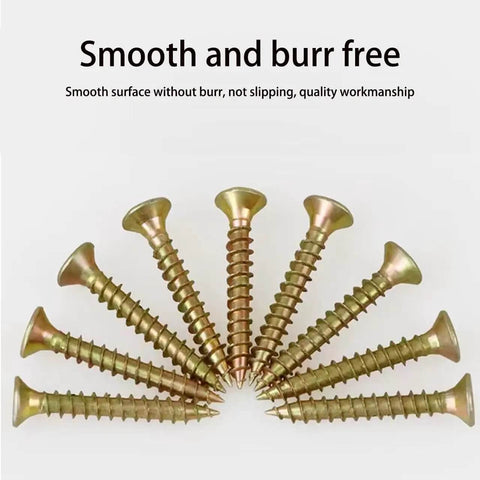 M4 Wood Screws Assortment Kit 340 Pcs With 7 Lengths showing smooth burr-free yellow zinc plated flat heads