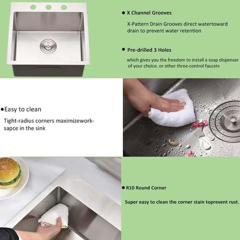 18x18 Inch Drop In Bar Sink For Small Kitchens And RVs, 16 Gauge 304 Stainless Steel Single Bowl With Pre-Drilled Faucet Holes