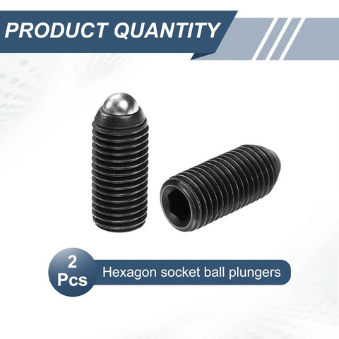 Pack Of Two Heavy Duty Hex Socket Ball Plungers M16 X 35mm High Carbon Steel spring loaded positioning pins in black finish.