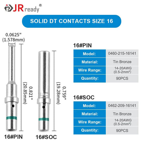 Deutsch DT Connector Pins And Sockets Kit with Solid Contacts size 16, models 0460-215-16141 and 0462-209-16141, tin bronze