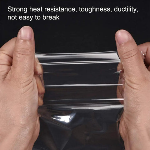 Hands holding clear Polyolefin Shrink Wrap Bags 10 X 7 Inch Clear Heat Seal Film 100 Pack showcasing durability.