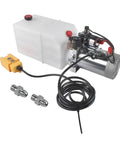 Front view of 12V Double Acting Electric Hydraulic Pump Power Unit with 6L Tank, 6 Quart Plastic Reservoir, SAE6 Ports, Translucent Tank.