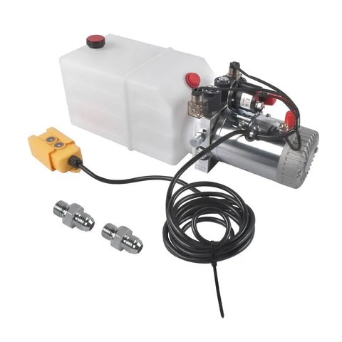 Front view of 12V Double Acting Electric Hydraulic Pump Power Unit with 6L Tank, 6 Quart Plastic Reservoir, SAE6 Ports, Translucent Tank.