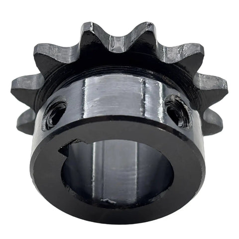 Heavy Duty Roller Chain Sprocket Type B 12 Tooth 3/4 Inch Bore For 3/8 Inch Pitch For 35 Chain Hardened ANSI 1045 Steel Drive Sprocket 35B12-3/4 With Keyway And Dual Setscrews Rust Resistant And Built Tough, black steel sprocket close-up