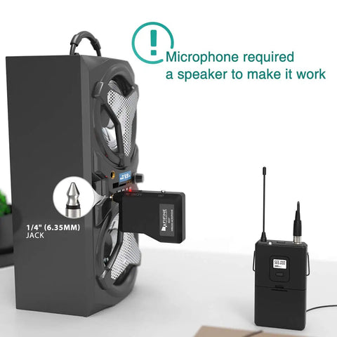 Wireless Microphone System With Headset And Lapel Mics UHF Beltpack Transmitter And Receiver 20 Channel Frequencies near speaker