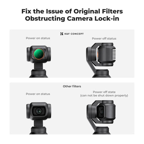 Comparison of Magnetic Variable ND Filter And Black Diffusion For DJI Osmo Pocket Four Thirds showing power on and off states.