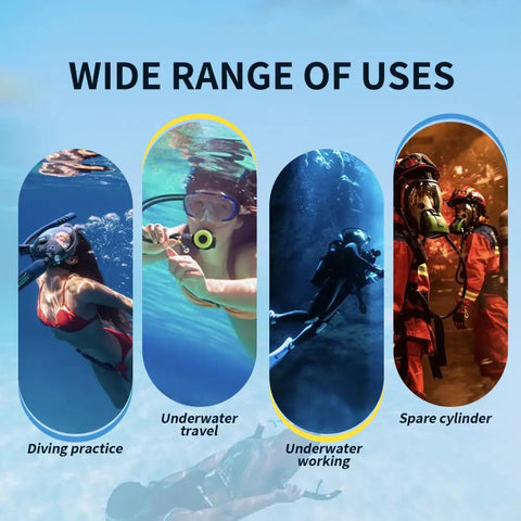 Image showing diverse uses of Portable 0.5L Mini Scuba Tank For Travel And Recreational Diving in various underwater scenarios.