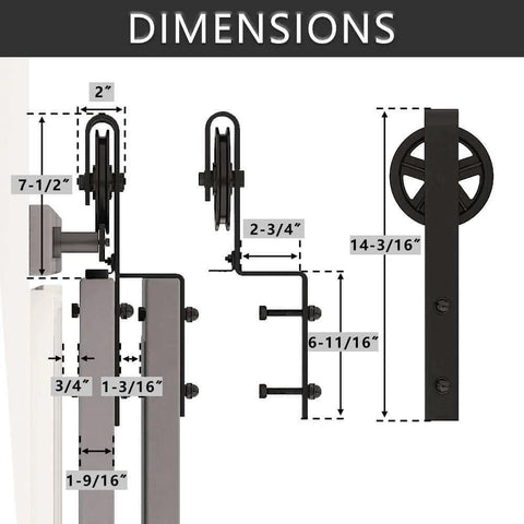 Heavy Duty Sliding Barn Door Hardware Kit Single Track Bypass System For Double Doors Black Powder Coat details and dimensions