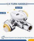 50 Pack Push Fit Tee Stop Valve Set With Quarter Turn Shut Off, Half Inch Push To Half Inch Push And Three Eighth Inch OD Compression Valves With Disconnect Clip, Brass Chrome Plated, Corrosion Resistant, Easy Install For Copper PEX CPVC PE-RT quarter-turn handle