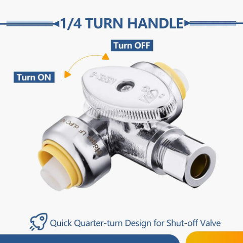 50 Pack Push Fit Tee Stop Valve Set With Quarter Turn Shut Off, Half Inch Push To Half Inch Push And Three Eighth Inch OD Compression Valves With Disconnect Clip, Brass Chrome Plated, Corrosion Resistant, Easy Install For Copper PEX CPVC PE-RT quarter-turn handle