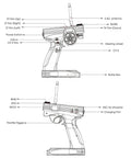 Diagram of Gt3b 3 Channel RC Transmitter, showing controls and features for RC cars, trucks, crawlers, boats, with GR3E receiver.