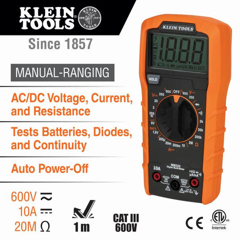 Digital multimeter from All In One Electrical Tester Kit testing voltage, current, and resistance with manual-ranging display.