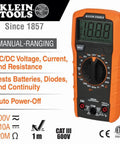Must Have All In One Digital Multimeter Test Kit With Non Contact Voltage Tester Receptacle Tester And Test Leads 600V CAT III Safety Includes Batteries Measures AC DC Voltage Up To 600V 10A DC 2 Mega Ohms Diodes Continuity manual-ranging multimeter display