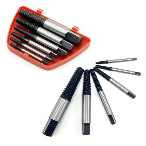 6 Piece Damaged Screw Extractor Set For Stripped Bolts With Chrome Vanadium Hardened Steel Easy Out Remover Kit in a red case