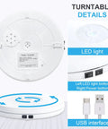 Bottom view of Tuanse 10 Inch Electric Motorized Rotating Turntable Cup Display Stand With Led Light, features USB and LED controls.
