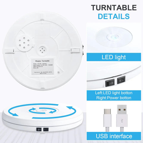 Bottom view of Tuanse 10 Inch Electric Motorized Rotating Turntable Cup Display Stand With Led Light, features USB and LED controls.