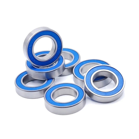 Top Tier 4 Pcs 6903RS Bearings For Bike Hubs Measure 17x30x7 Mm stacked with visible blue seals and silver steel for wheel assembly.