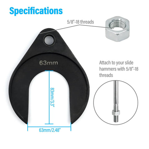 Inner CV Axle Puller Removal Tool With Beefy 63mm Fork Adapter for front wheel drive, showing specifications for 5/8-18 threads.