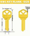 Premium Brass Key Blanks Kit Uncut KW1 SC1 M1 Pack Of 50 For Home And Pro Use with KW1 key dimensions shown