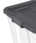 Close-up of 200 Quart Clear Plastic Modular Stacker Storage Bin Tote With Latching Lid, showing textured grey lid and clear base
