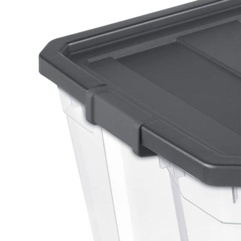 Close-up of 200 Quart Clear Plastic Modular Stacker Storage Bin Tote With Latching Lid, showing textured grey lid and clear base
