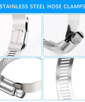 Close-up views of the 24 Piece Adjustable Stainless Steel Hose Clamps Set Ranging From One Quarter Inch To Two Inches Hose Clamp Assortment Kit.
