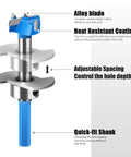 Five Piece Carbide Tipped Forstner Drill Bit Set With Hex Shank And Adjustable Sizing For Sweet Woodworking shows alloy blade and adjustable spacing details.